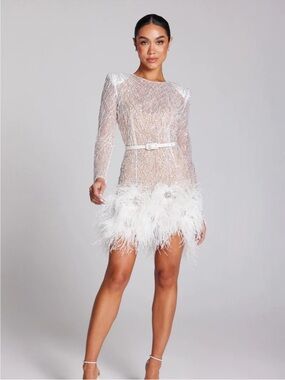 NADINE MERABI White Beaded Feather-Hem Mini Dress